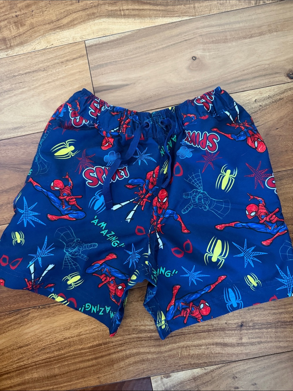 Marvel Boys Navy Blue Spider-Man Swim Trunks with Red and Yellow Accents